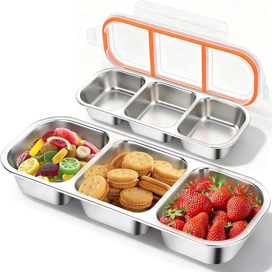 2Pack Reusable Stainless Steel Snack Containers with Leakproof Lids 3 Compartment, Stackable Metal Food Storage Lunch Boxes for Adults, Meal Prep, Travel, Office (2)