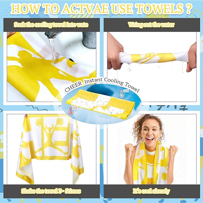 12 Pcs Cheerleader Cooling Towel Cheer Gifts Bulk for Team Cheer Sports Gifts with Bags 40" x 12" Breathable Chilly Microfiber Cooling Towel for Yoga Sport Gym Party Favor (Yellow)