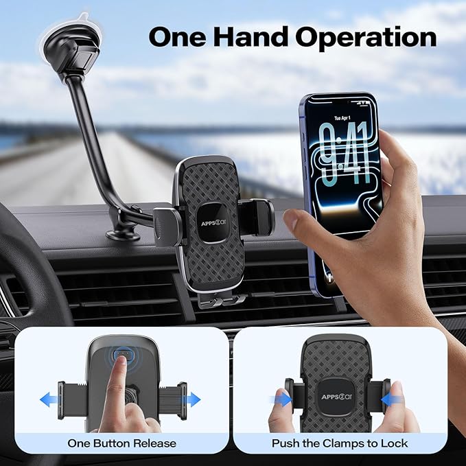 APPS2Car 14'' Gooseneck Car Phone Holder,Heavy Duty Phone Holder for Truck, [Flexibile Long Arm] [Anti Shake stabilizer] Windshield Car Phone Mount Suction Cup,Fit for iPhone, Samsung (Black Plaid)