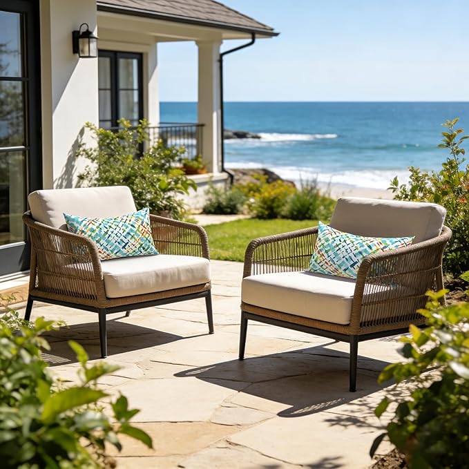 LVTXIII Outdoor/Indoor Lumbar Pillows, Decorative Patio Lumbar Cushions, Fluffy Water Repellent Garden Cushions for Home Patio Coach Sofa Use, 12×20 Inch, Pack of 2, Acapa Opal Geometric