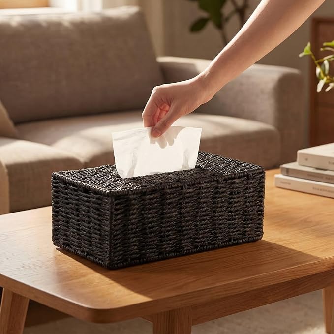 Black Tissue Box Cover Rectangle Natural Paper Rope Hand Woven Tissue Box Holder for Bathroom Living Room Bedroom Kitchen Table Desk Office Farmhouse Home Decor