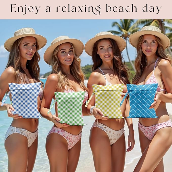 Wet Bag, 4Pcs Wet Dry Bag Set, Waterproof Reusable Bags with Gingham Plaid for Women, Suitable for Beach Trips, Pool Activities, Travel & Daily Organizing