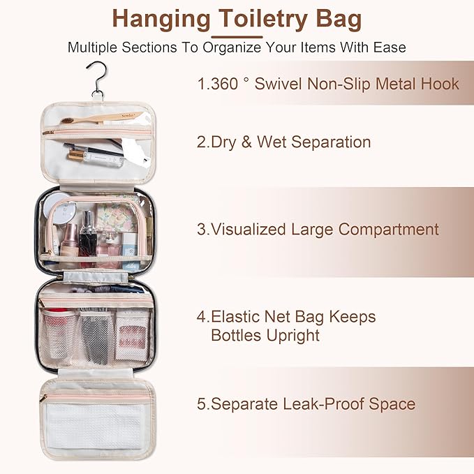 MODENGKONGJIAN Travel Toiletry Bag - Hanging Toiletry Bag for Women, Waterproof Makeup Cosmetic Bag Travel Organizer for Accessories, Shampoo, Full-size Container, Toiletries (Black)