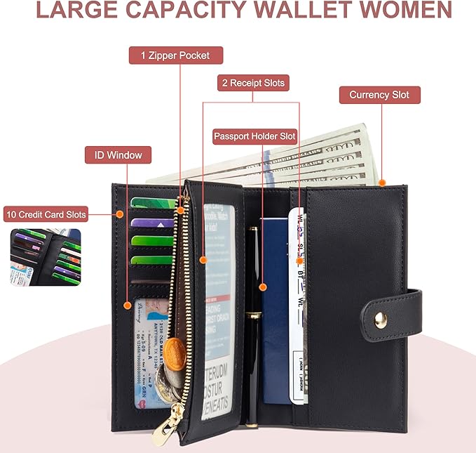 yiijay Wallet Women RFID Blocking Leather Trifold Clutch Wallet Credit Card Holder Ladies Travel Wallet Purse with Pen Holder