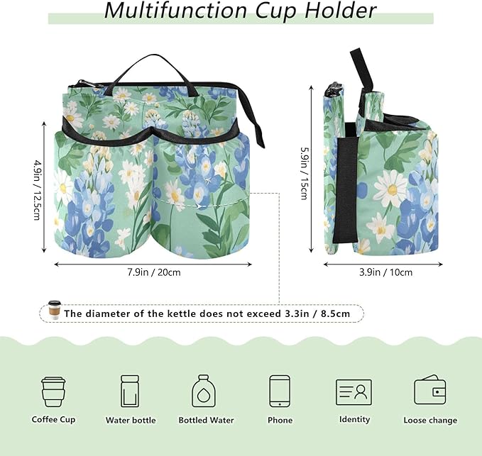 Luggage Cup Holder for Suitcases Free Hands Suitcase Cup Holder Travel Luggage Drink Holder Portable Luggage Cup Caddy Bag Carrier with Handle Mint Green Bluebonnet and Daisies