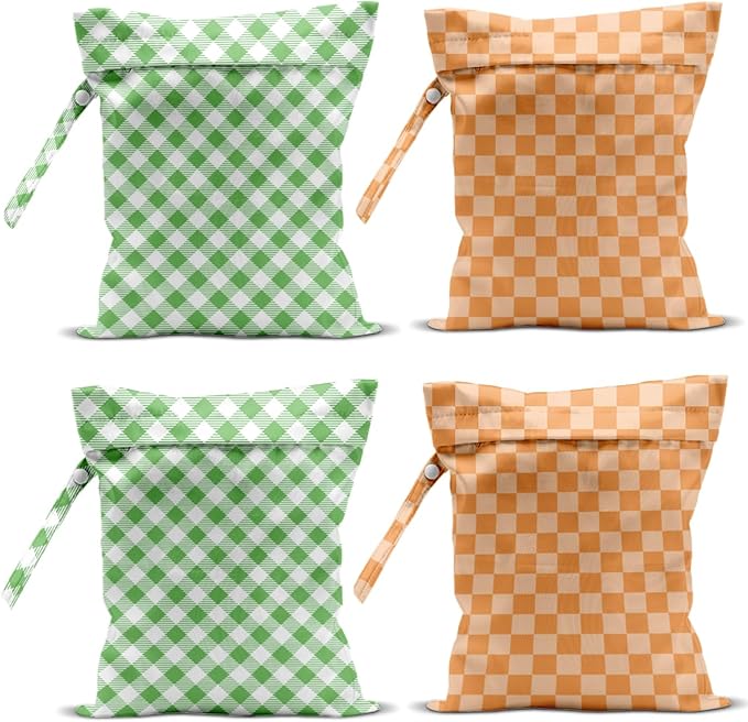 Wet Bag, 4Pcs Wet Dry Bag Set, Reusable Waterproof Bags with Green Gingham & Orange Checkerboard Patterns for Women, Suitable for Beach Trips & Daily Organizing