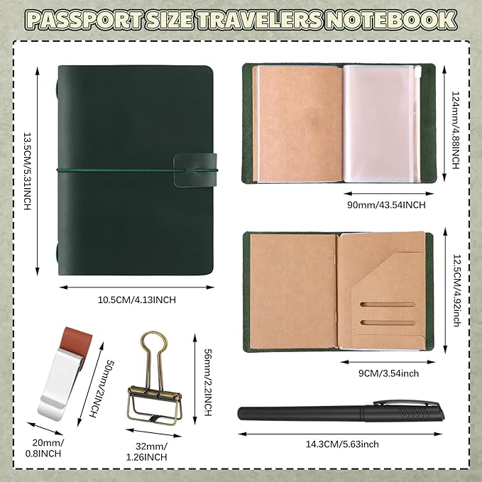 Thenshop Travelers Refillable Leather Journal Notebook Travel Diary Handmade Passport Travelers Journal for Men and Women with 3 Notebook Inserts, Pen Holder, Binder Clip(Green,Passport Size)