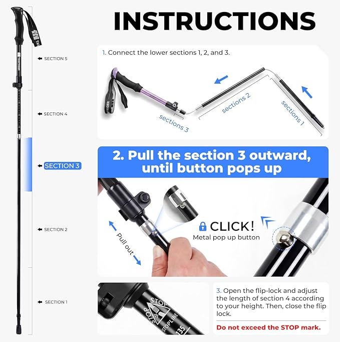 Trekking Poles for Hiking - Collapsible Lightweight 7075 Aluminum Hiking Sticks, 43-53 Inch Adjustable Tri-Fold Walking Poles with Anti-Slip EVA Grip for Men and Women