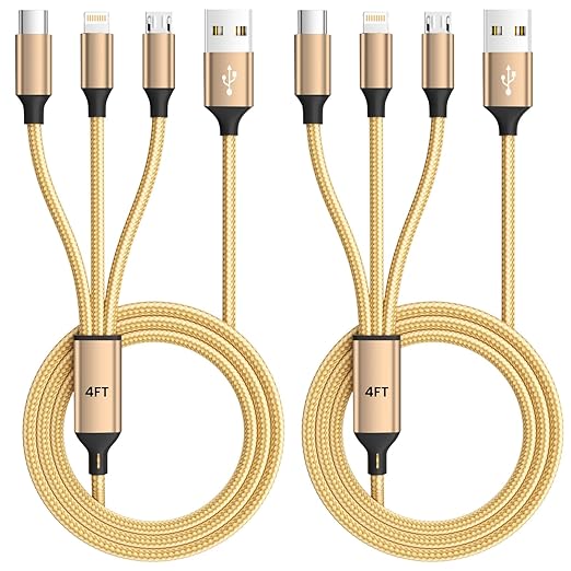 USB Multi Charging Cable for All Devices, Nylon 3 in 1 Multiple Charger Cable Charger with Multiple Connectors, USB A to USB C/Micro/IP USB Cable for iPhone 17-8 Pro Max/Android/iPad, 2Pack 4FT