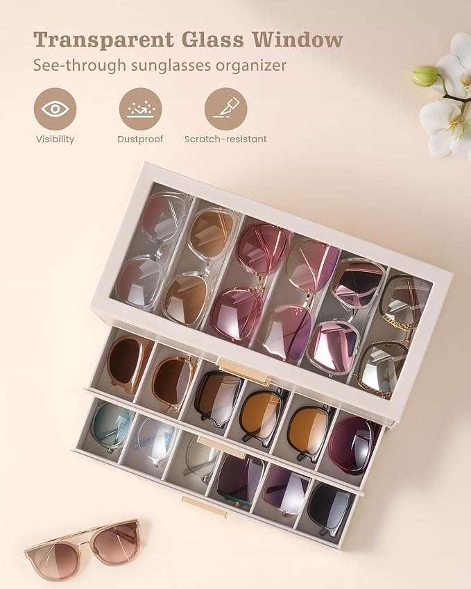 Lolalet Sunglasses Storage Box for Women, Eyewear Eye Glass Organizer with Clear Top Display Holder Case