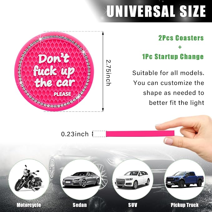 Ziciner 2 Pack Bling Car Cup Holder Coaster, 2.75 Inch Anti-Slip Auto Insert Cup Coaster, Crystal Car Drink Cup Mat Perfect for Women Girls, Universal Interior Decor Accessories (Rose Red)