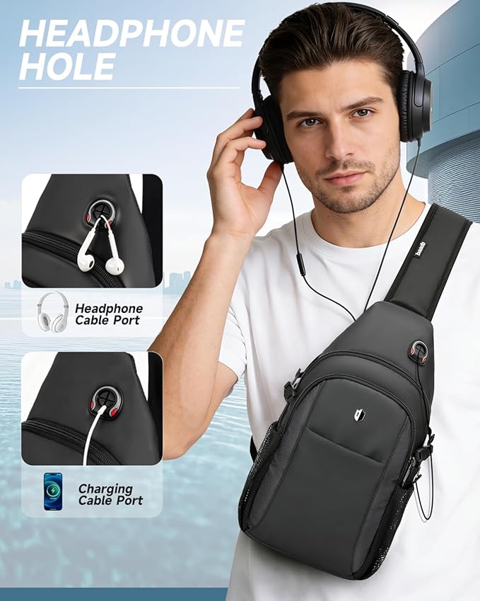 Anti Theft Sling Bag for Men, Expandable Crossbody Chest Bag with Water Bottle Pocket, Travel Sling Backpack Fits 11” iPad & Switch 2 for Commuting, Hiking, Daily Carry, Black | Mens Crossbody Bag