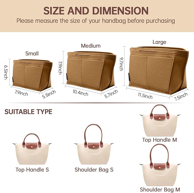 OPPOSHE Purse Organizer Insert for Longchamp Le Pliage, Premium Felt Long Champ Bag Handbag Women, Tote Organizer Insert with 9 Compartments (Large, Brown)