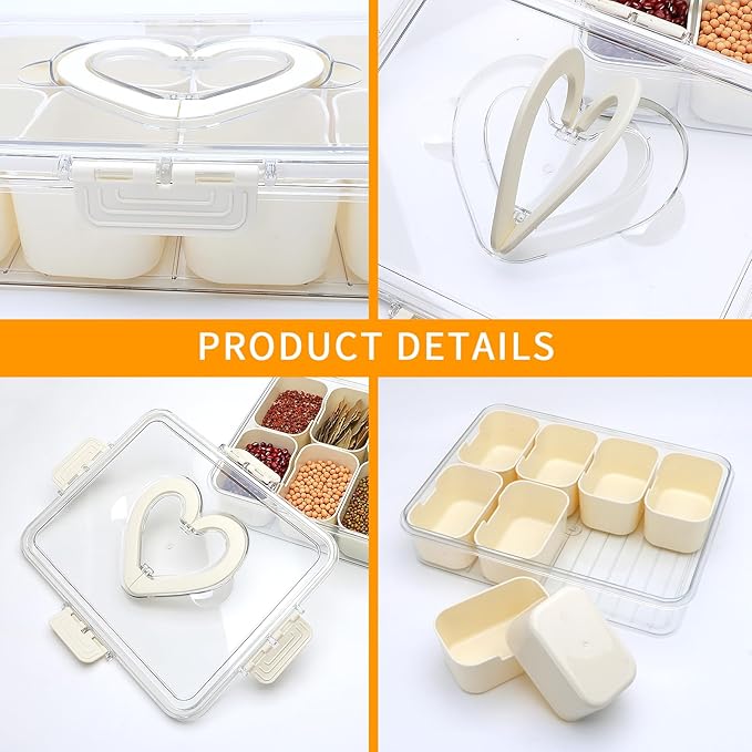 XING-RUIYANG Divided Serving Tray with Lid and Handle,Snackle Box Containers with 8 Compartment,Portable Snack Serving Platters Reusable Storae Organizer for Fruits,Nuts,Candy,Party,Picnic,Veggies