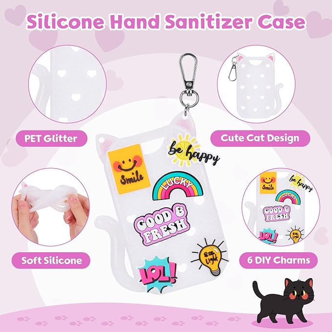 FunisFun Glitter Silicone Holder Case Compatible with Hand Sanitizer Spray 1 Fl. OZ., Cat-shaped Case Keychain with 6 Charms