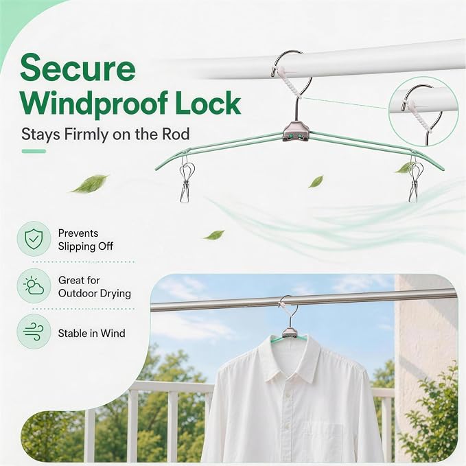 5 Pack Green Travel Hangers with Clips, Portable Stainless Steel Folding Clothes Hangers with Windproof Hook, Heavy Duty Non-Slip Space Saving Hangers for Cruise Essentials, Camping, Hotel