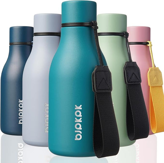 BJPKPK Insulated Water Bottles, 12oz Stainless Steel Metal Water Bottle with Strap, BPA Free Leak Proof Jugs, Mugs, Flasks, Reusable Thermal Flasks for Sports & Travel, Lake Blue