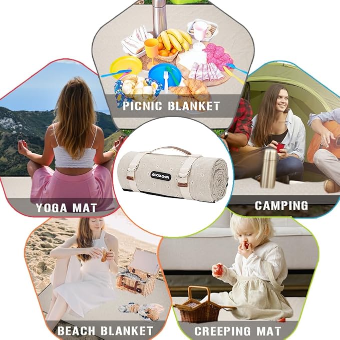 G GOOD GAIN Picnic Blanket Waterproof, Linen Feel Outdoor Blanket Extra Large - Foldable Beach Mat with Carry Strap for Camping, Park, Travel (White Flower)
