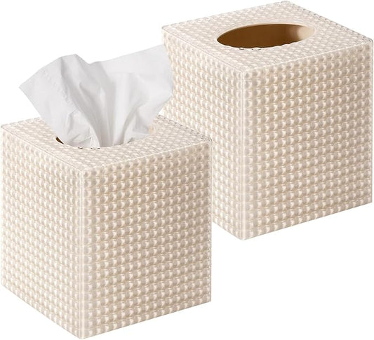 2 Pack Tissue Box Cover Beige, Square Acrylic Tissue Holder, Decorative Facial Tissue Box Vessel Cube Paper Organizer Dispenser for Bathroom Office, Night Stand, Desk, Car, Vanity, Countertops