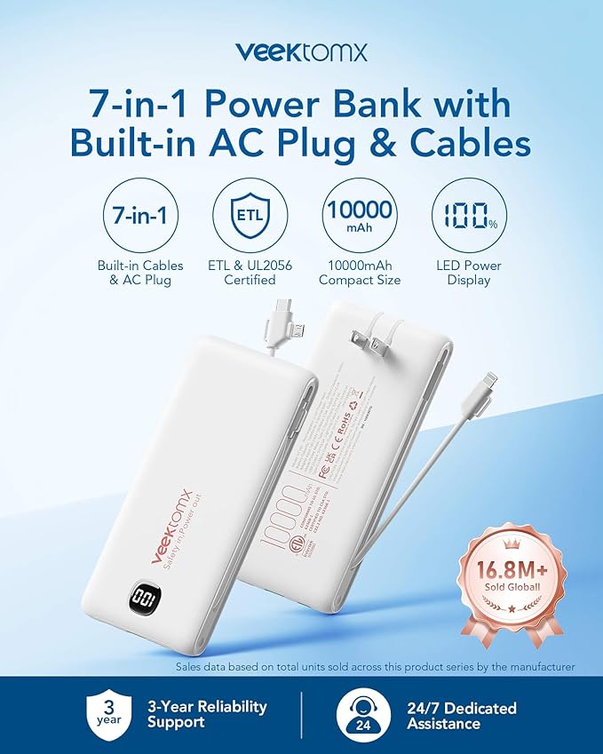 VEEKTOMX Portable Charger with Built in Cables 10000mAh, Power Bank for iPhone with AC Wall Plug, Fast Charging USB C Slim Battery Pack with LED Display Compatible with iPhone 17/16/15, Samsung