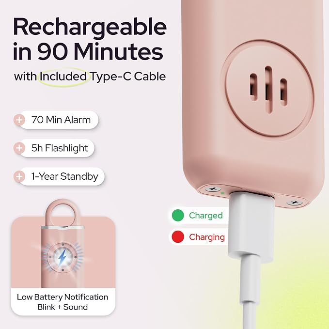 Personal Alarm for Women Safety - 130dB Loud Rechargeable Keychain Siren - LED Light, Carabiner Clip, Low Battery Alert, USB-C Charging TSA Safe Self Defense Alarm by Weten (Pink)