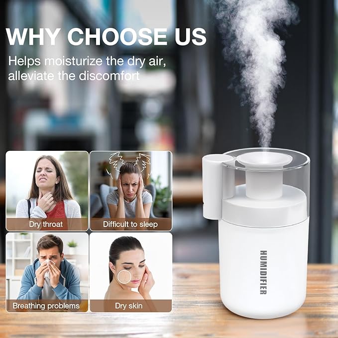 Small Mini Humidifier, USB Desk Cool Mist Humidifier Personal Portable Quiet Table Desktop Humidifiers for Cooling Home Office Car Summer Travel (180ml, White)
