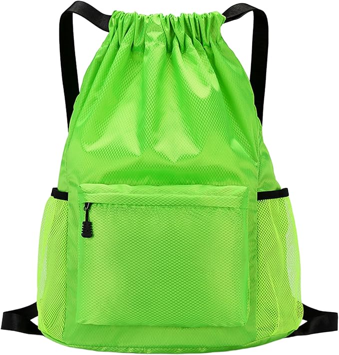 Tygelluis Drawstring Backpack, Waterproof Gym Bag with Water Bottle Pocket for Women Men, Pull String Sport Bag for Swim, Soccer and Basketball,Green
