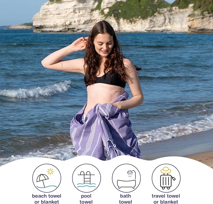 Turkish Beach Towels, Pack of 6 | Oversized, Quick Dry, Sand Free | 100% Cotton, Large 38x71 Towels for Beach, Pool, Travel | Ultra-Soft, Compact, and Absorbent | Purple