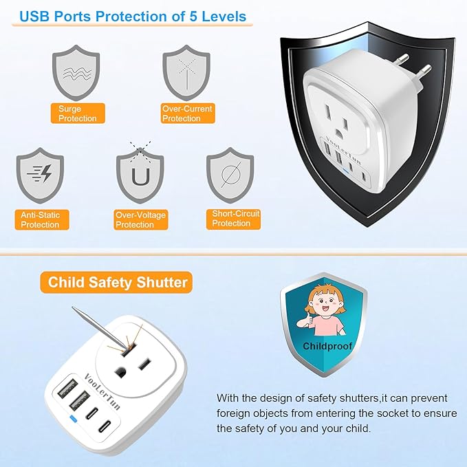 European Plug Adapter Type C International Power Adaptor Travel Cruise Essentials with USB Outlet 2 Pack, European to US Plug Adapter Converter Charger Block Multiple Ports