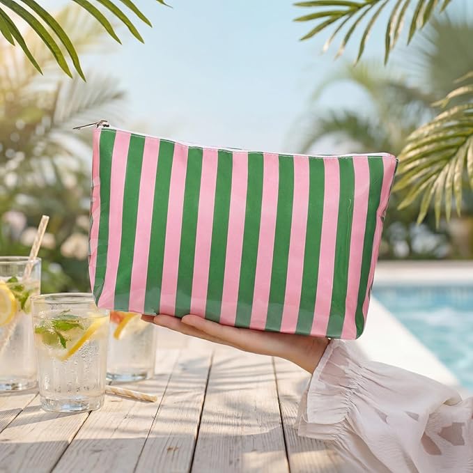 Large PVC Waterproof Striped Makeup Bag,Clear Coated Cosmetic Bags,Easy to Clean,Travel Organizer Zipper Pouch Beach Vacation Essentials for Women Girls(09Pink Green)