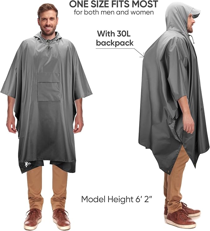 PTEROMY 3-in-1 Hooded Rain Poncho for Adult with Pocket, Waterproof Lightweight Unisex Raincoat for Hiking Camping Emergency