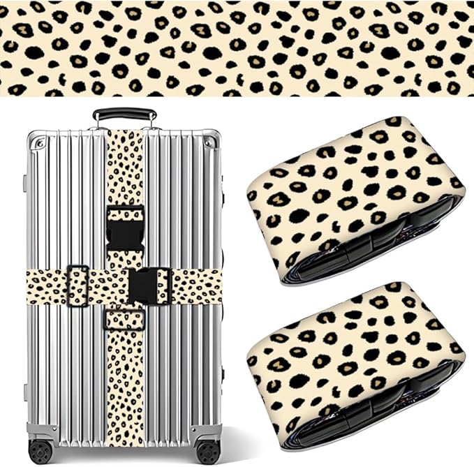 2 Pack Luggage Straps for Suitcases, Adjustable Travel Belt with Buckle, 2" Wide Heavy Duty Suitcase Straps for Summer Vacation, Trendy Leopard Print, Travel Essentials, Cream/Black, Multi