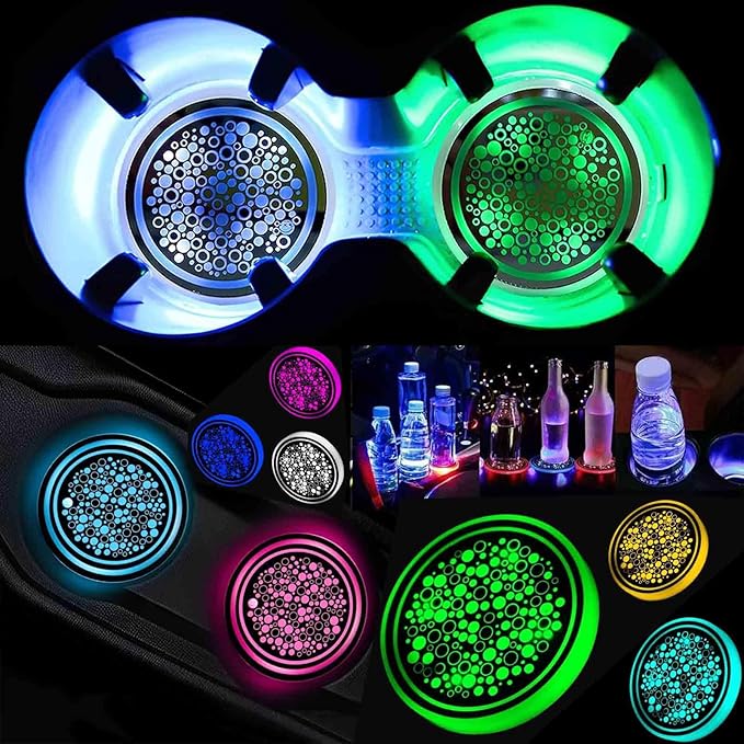 2PCS LED Car Cup Holder Lights, Light up Car Coasters for Cup Holders 7 Color-Changing Light Up Cup Holder Insert Coasters, Waterproof Car Accessories for Teens, Car Gifts for Men & Women