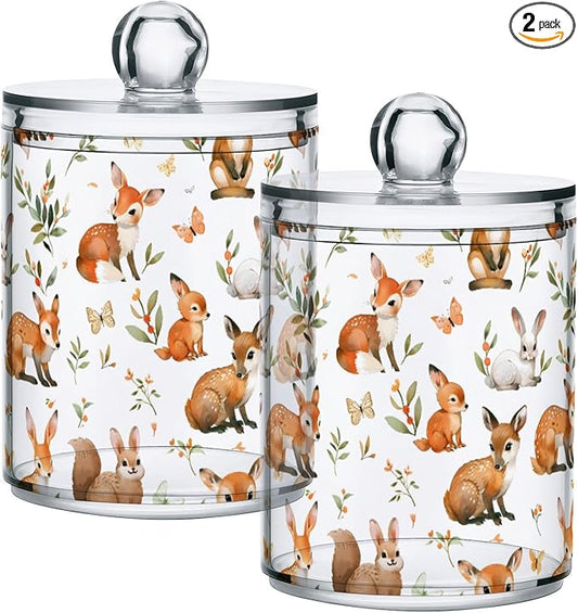 2 Pack Qtip Holder Organizer Dispenser Watercolor Woodland Animals Bathroom Storage Canister Cotton Ball Holder Container for Cotton Pads/Swabs/Floss