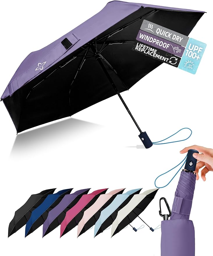 Windproof Travel Umbrella for Rain - 43" Compact Folding Umbrella, Reinforced Strong Frame, Lightweight Portable Parasol with UPF 100+ UV Sun Protection, Cruise Ship Essentials
