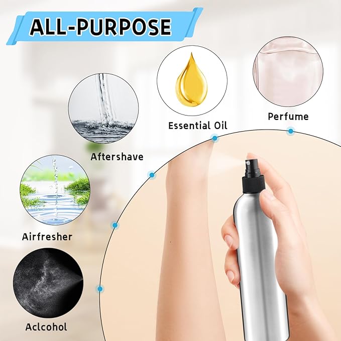 5 Pack 300ml/5oz Empty Aluminum Spray Bottles,Metal Fine Mist Sprayer,Refillable Cosmetic Atomizer Set with Lids for Cosmetic,Perfume,Face Spray,Air Freshener,Cleaning,Gardening