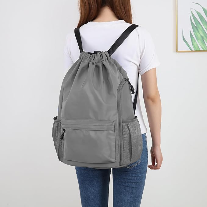 Valleycomfy Waterproof Drawstring Gym Backpack Bag for Men & Women,Sports Gym Bag with Side Pocket Dark Grey