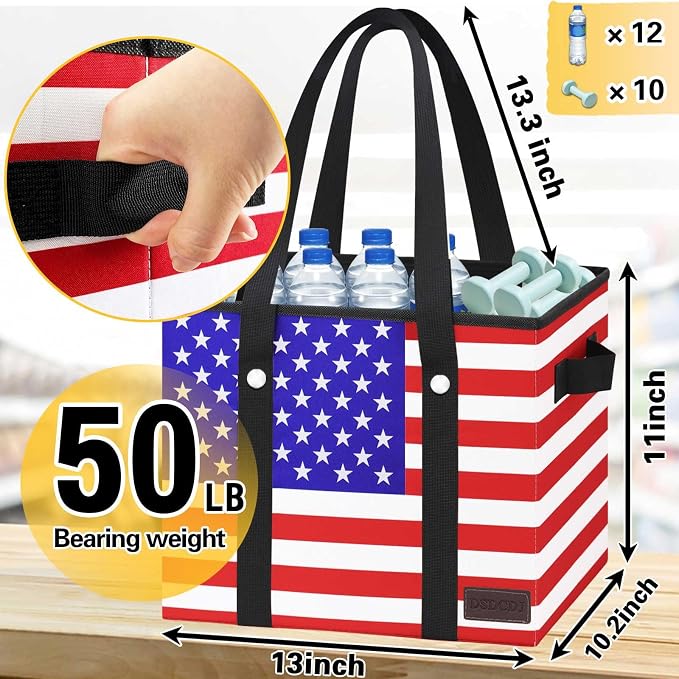 Patriotic Bags - Heavy Duty Reusable Grocery Bags with Hard Bottom & Long Handles, Foldable Reusable Shopping Bags with Box Shape to Stand Up, 3 Pack, Patriotic