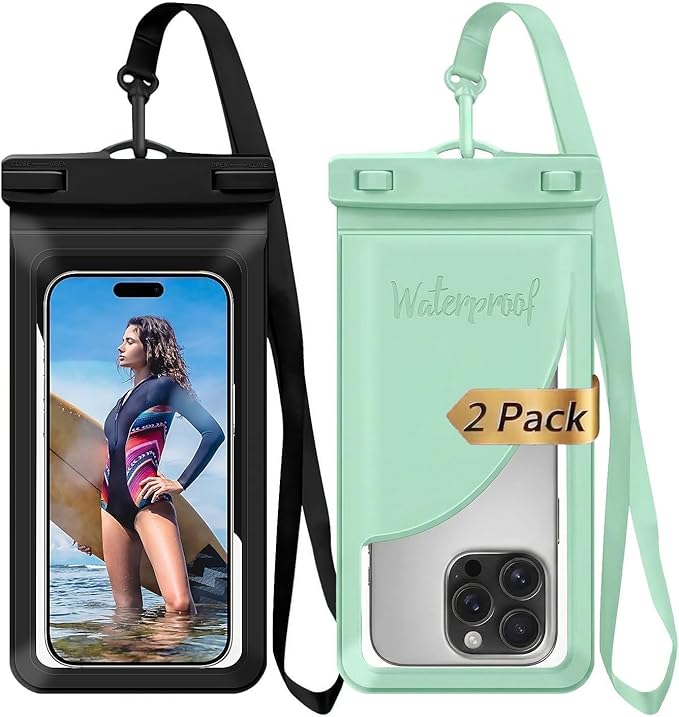 Waterproof Phone Case, with Inside Card Bag, Waterproof Phone Pouch for iPhone, Cell Phone Dry Bag for Cruise Travel Vacation Accessories Large Phone Holder, 2 Pack-Black+Green