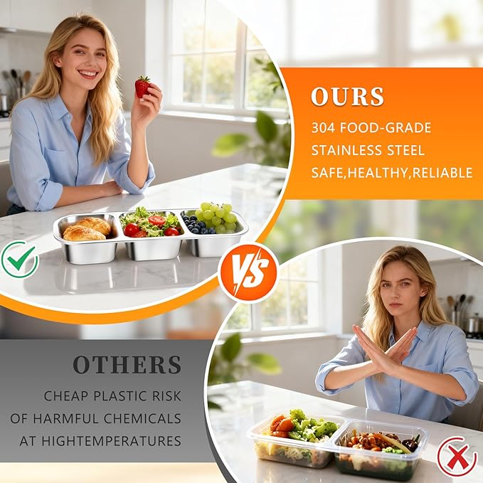 2Pack Reusable Stainless Steel Snack Containers with Leakproof Lids 3 Compartment, Stackable Metal Food Storage Lunch Boxes for Adults, Meal Prep, Travel, Office (2)