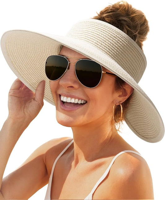 FURTALK Sun Hats for Women Wide Brim Beach Hat Straw Visor Ponytail Summer UV Packable Foldable Beach Vacation Essentials
