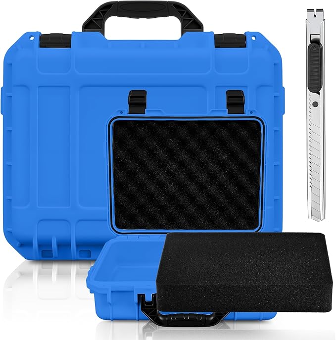 Relaxweex 1 Pcs Waterproof Hard Case with DIY Customizable Foam Insert Portable Protective Case with Knife for Camera Drones Equipments Tools Test Instruments(Blue,16.3 x 12.4 x 6.5 Inch)