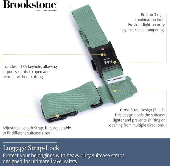 Brookstone Luggage Strap - 2-in-1 TSA-Approved Expandable Luggage Straps for Suitcases with Keyless 3-Digit Combination Lock, Size One Size, Vintage Green