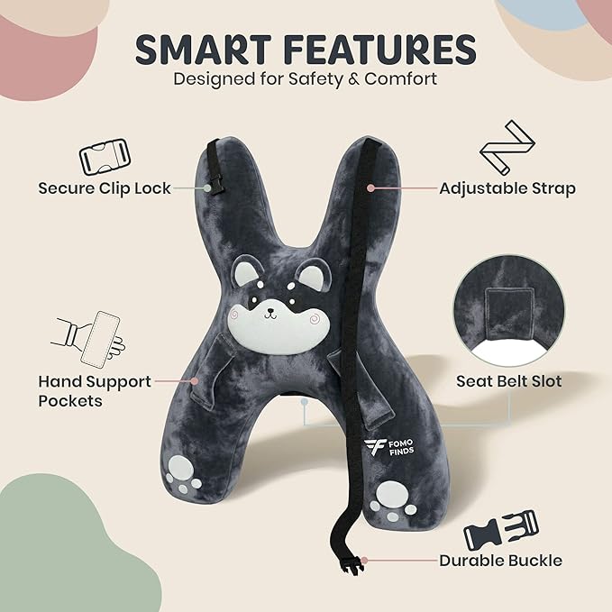 Kids Car Sleeping Pillow - H-Shaped for Neck & Back Support - Hands & Seat Belt Slot - Machine Washable & Compressible - Perfect for Car, Plane, Train, Boat & More - Grey