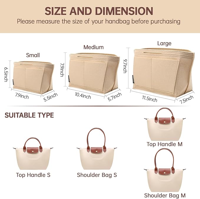 OPPOSHE Purse Organizer Insert for Longchamp Le Pliage, Premium Felt Long Champ Bag Handbag Women, Tote Organizer Insert with 9 Compartments (Medium, Beige)