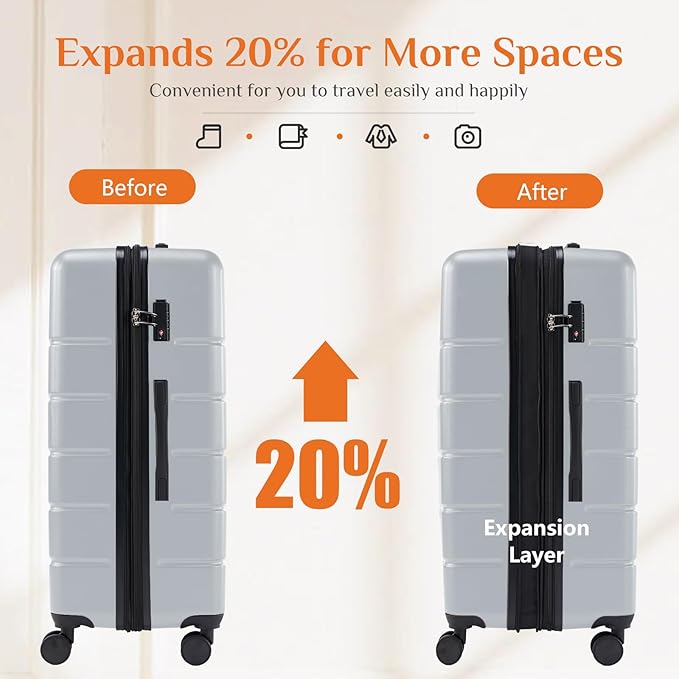 Sweetcrispy Carry on Luggage, Hard Shell ABS Suitcase with Double Spinner Wheels, Lightweight Expandable Rolling Suit Case with TSA Lock, 24 Inch Light Grey