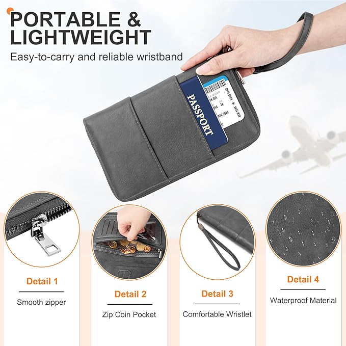 Family Passport Holder Wallet with Zipper, RFID Blocking Travel Document Organizer, PU Leather Passport Wallet for Women Men, Passport Cover Travel Wallet for Boarding Pass, ID, Money, Ticket