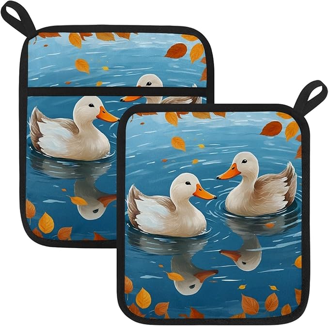 Swimming Cartoon Duck Pot Holders with Pockets 2 PCS, Heat Resistant Oven Mitts Hot Pads for Kitchen Baking Cooking, Square Thick Pot Holders Kitchen Hot Potholders, 8.5x10 Inches