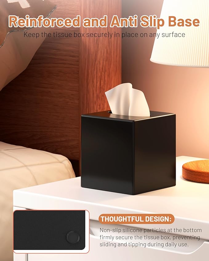 Tissue Box Cover, Square Plastic Tissue Box Holder with Anti Slip Base, Modern Decor Facial Napkin Holder for Bathroom Vanity Countertop, Bedroom Dresser, Night Stand, Parlors, Offices, Black