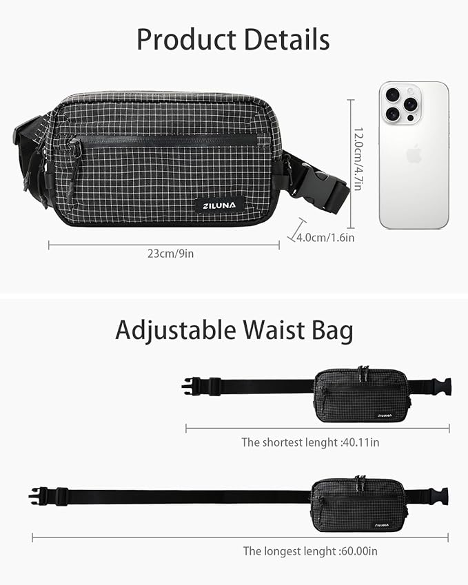 2L Sling Bag for Men & Women - Anti-Theft RFID Blocking Fanny Pack with Lockable Zippers, Water Resistant Lightweight Crossbody Bag for Travel Hiking Running Gym Walking Daily Use(Black Plaid)